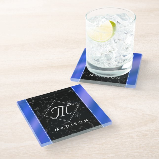 Elegant Black Marble & Royal Blue Foil Monogram Glass Coaster (Angled)