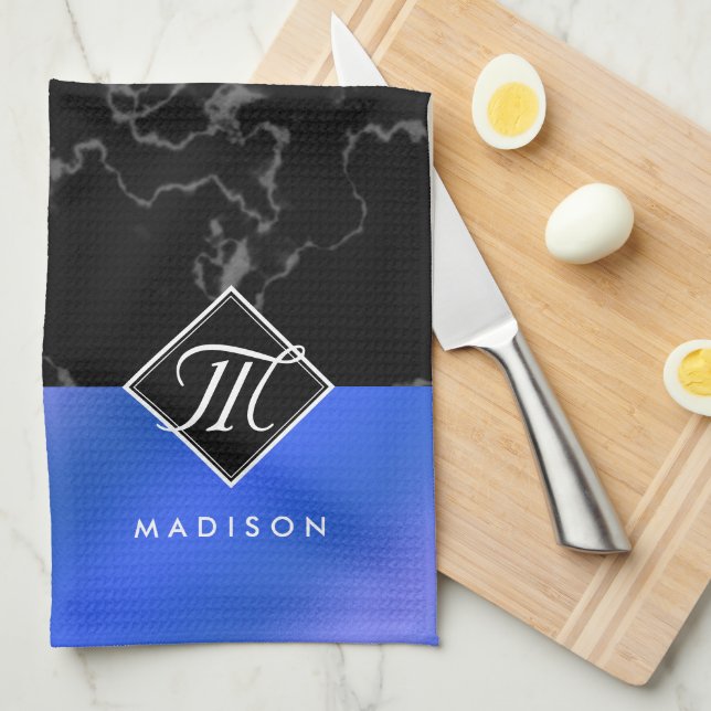 Elegant Black Marble & Royal Blue Foil Monogram Kitchen Towel (Quarter Fold)