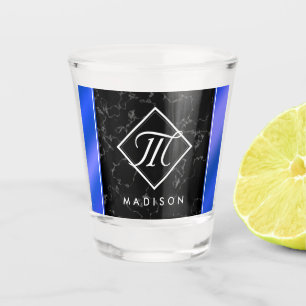 Elegant Black Marble & Royal Blue Foil Monogram Shot Glass