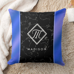 Elegant Black Marble & Royal Blue Foil Monogram Throw Pillow