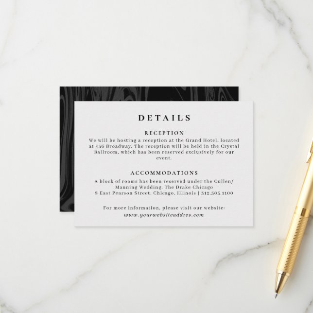 Elegant  black marble wedding information  enclosure card (Front/Back In Situ)