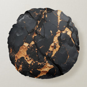 Elegant Black Marble with Gold Veins Modern Art Round Pillow
