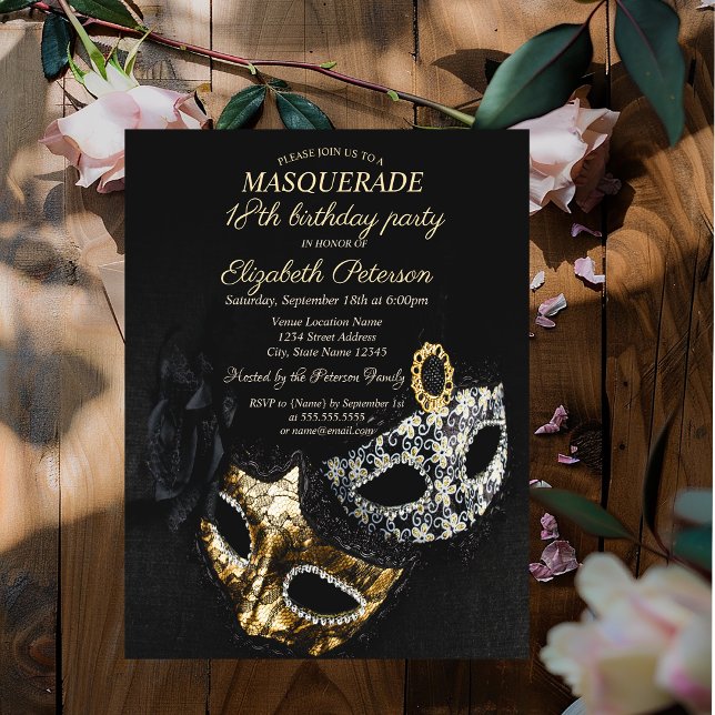Elegant Black Masquerade, Masque 18th Birthday Invitation (Creator Uploaded)