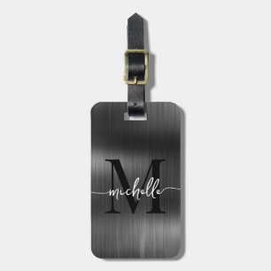 Elegant Black Metal Gold Monogram Initial Script Luggage Tag
