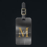 Elegant Black Metal Gold Monogram Initial Script Luggage Tag<br><div class="desc">Girly Stylish Modern Elegant Black Metal and Gold Monogram Initial Name Script Custom Personalized Personalized Luggage Bag Tag. This design featuring a first name in a pretty hand lettered swash tail font calligraphy (or typography) with monogram initial, address info in gold and white on faux black metallic foil background. These...</div>