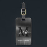 Elegant Black Metal Monogram Initial Script Luggage Tag<br><div class="desc">Girly Stylish Modern Elegant Monogram Initial Name Script Black Metal Custom Personalized Personalized Luggage Bag Tag. This design featuring a first name in a pretty hand lettered swash tail font calligraphy (or typography) with monogram initial, full name, address info on black faux mettalic foil background. These are easy to customize...</div>