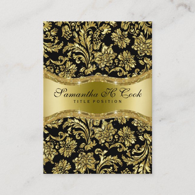 Elegant Black & Metallic Gold Floral Damasks Business Card (Front)
