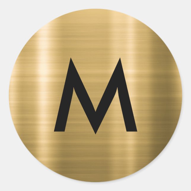 Elegant Black Metallic Gold Minimalist Monogram Classic Round Sticker (Front)