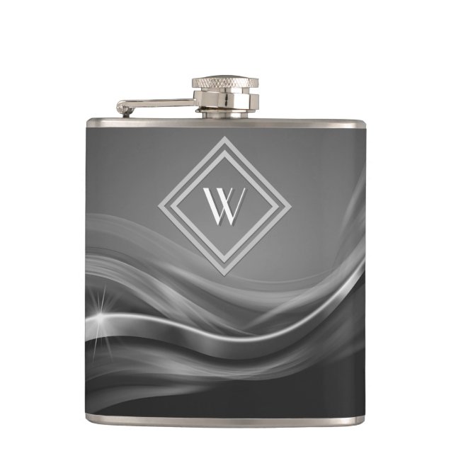 Elegant Black Metallic Luxury Monogram Hip Flask (Front)