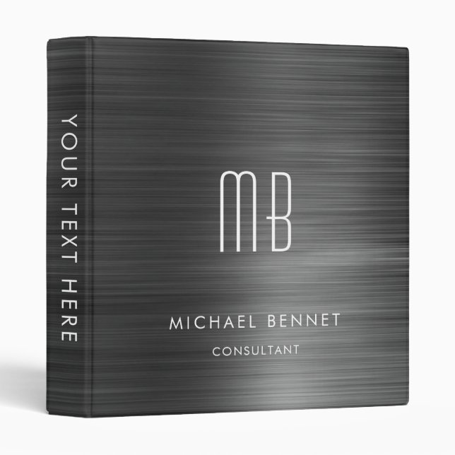 Elegant Black Metallic Monogram Business Binder (Front/Spine)