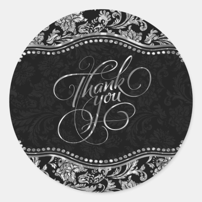 Elegant Black & Metallic Silver Damasks Thank You Classic Round Sticker (Front)