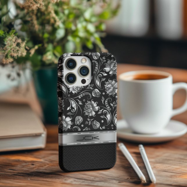 Elegant Black & Metallic Silver Floral Damasks Case-Mate iPhone Case (Creator Uploaded)