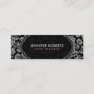 Elegant Black & Metallic Silver Floral Damasks Mini Business Card