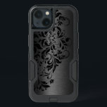 Elegant Black Metallic Texture & Black Swirly Lace<br><div class="desc">Elegant dark grey/black metallic texture print background with black floral swirly lace accent.
There is a black circle under the logo and can be used as Monogram background for other case models.</div>