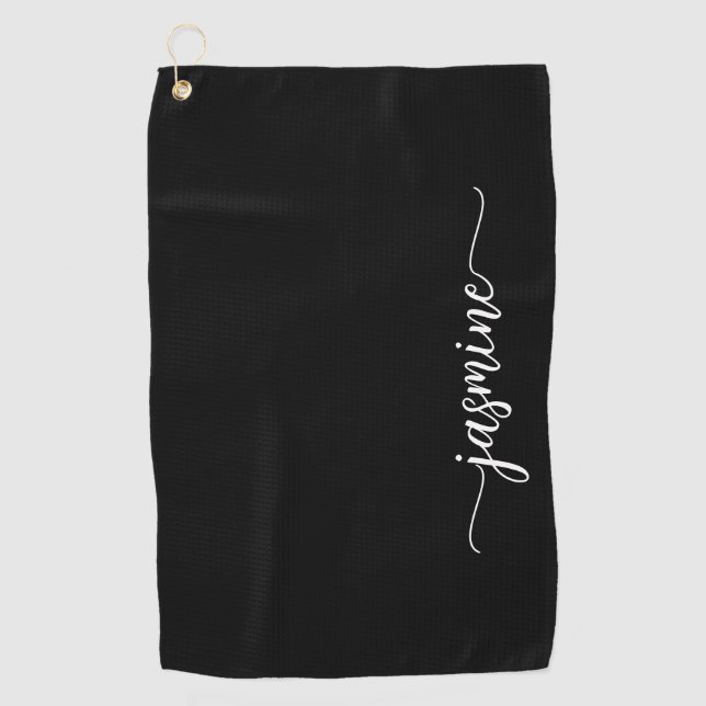 Elegant Black Minimal Girly Monogram Name Script Golf Towel (Front)