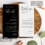 Elegant Black Minimal Thank You Placecard Menu<br><div class="desc">Check out this All-in-One Modern Minimalist Menu Table Escort Place Card with Thank You for your wedding or party event! This menu card features an elegant calligraphy script of "let's eat" on the front with a clean and simple block sans serif typography font on a black background and elegant script...</div>