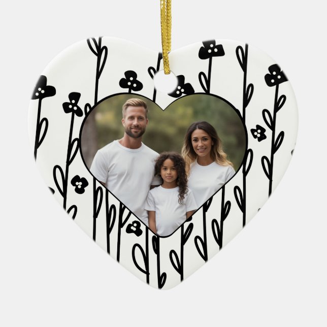 Elegant black minimalist doodle floral ceramic ornament (Front)