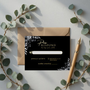 Elegant Black Minimalist Floral Wedding RSVP Foil Invitation Postcard
