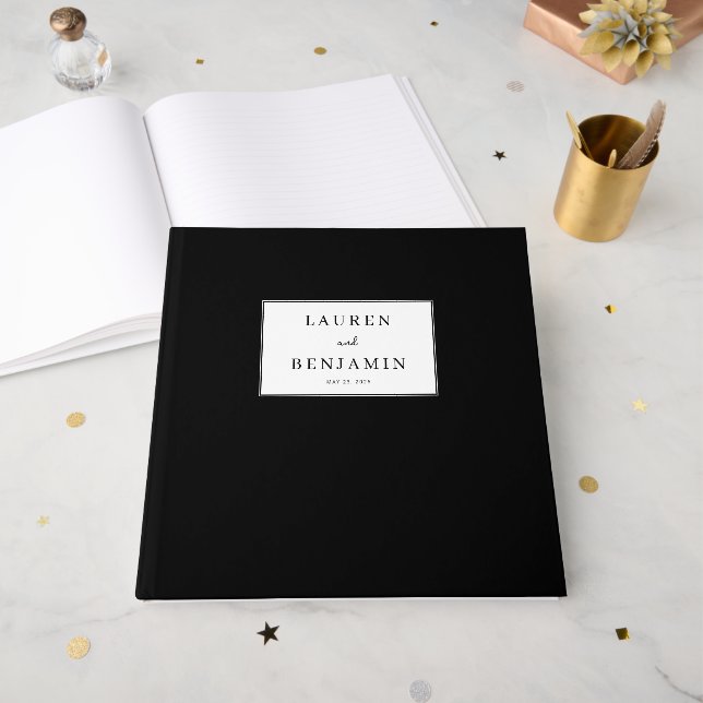 Elegant Black Minimalist Label Guest Book (Front Open)