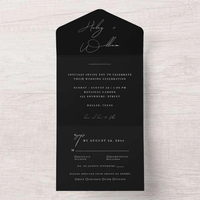 Elegant Black Minimalist Script All In One Wedding All In One Invitation (Inside)