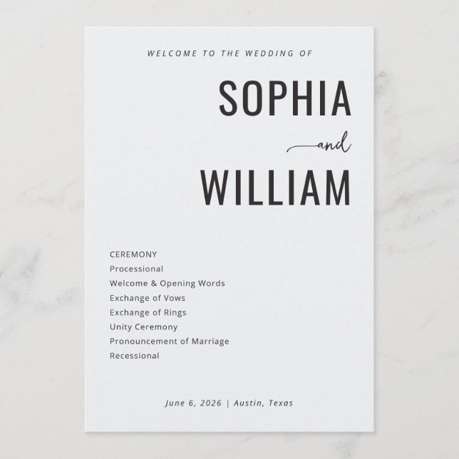 Elegant Black Minimalist Wedding Ceremony Program (Front)