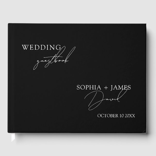 Elegant Black Minimalist Wedding Guest Book (Front)