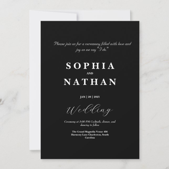 Elegant Black Minimalist Wedding Invitation (Front)