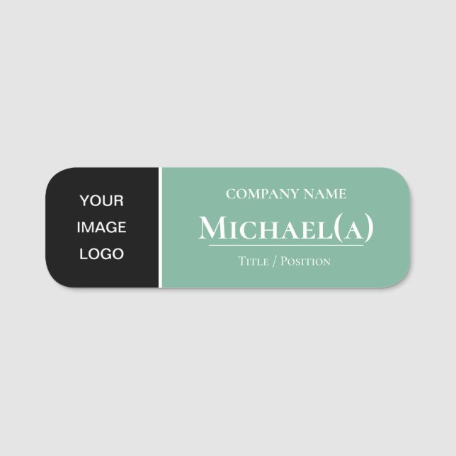 Elegant Black Mint Green Unique Logo Name Tag (Front)