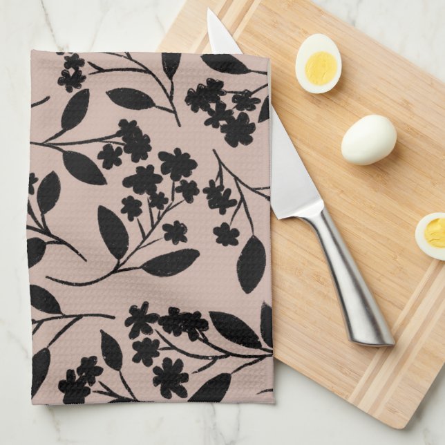 Elegant Black Modern Botanical Pattern Dusty Pink Kitchen Towel (Quarter Fold)