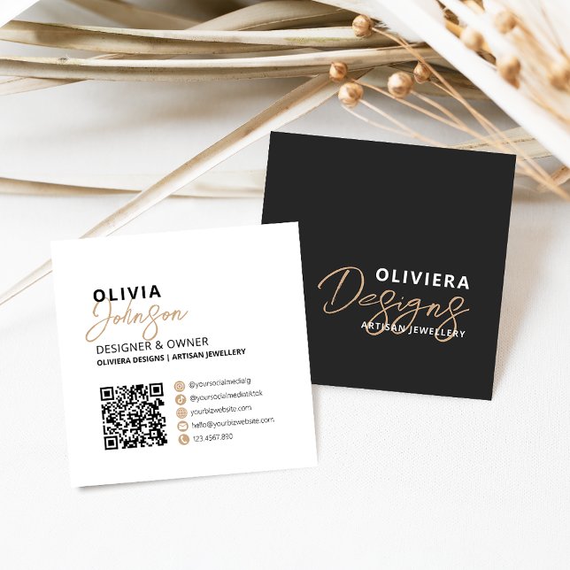 Elegant Black Modern Calligraphy Script QR Code Square Business Card (Creator Uploaded)