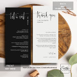 Elegant Black Modern Let's Eat Thank You Menu<br><div class="desc">Check out this elegant modern dinner menu with thank you for your wedding or party event! This menu card features beautiful calligraphy and a clean and simple block sans serif typography font script on a black background. The simplicity and clean design of this menu works well with all wedding themes...</div>