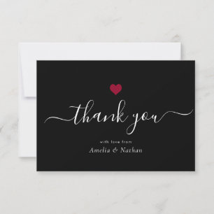 Elegant Black Modern Script Burgundy Red Heart Thank You Card