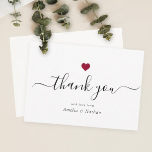 Elegant Black Modern Script Burgundy Red Heart Thank You Card