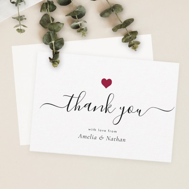 Elegant Black Modern Script Burgundy Red Heart Thank You Card (Creator Uploaded)