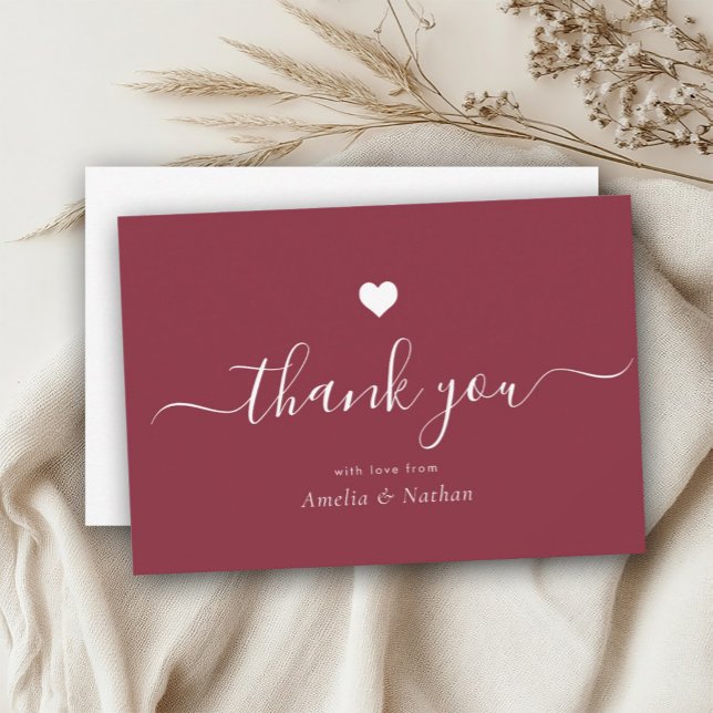 Elegant Black Modern Script Burgundy Red Heart Thank You Card (Creator Uploaded)