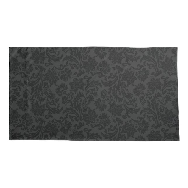 Elegant Black Monochromatic Floral Damasks Pillowcase (Back)