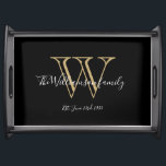 Elegant Black Monogram And Family Name Cool Chic  Serving Tray<br><div class="desc">Elegant Black Monogram And Family Name Cool Chic Serving Tray. Personalized monogram initial with the family's last name and date established in script lettering on a black background. Makes a unique cute Holiday gift or a housewarming gift. Click personalize this template to customize it quickly and easily. Ships Worldwide fast....</div>