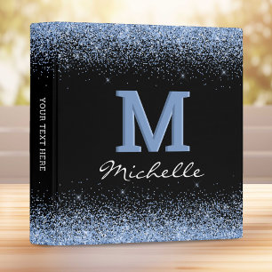 Elegant Black Monogram Blue Glitter 3 Ring Binder