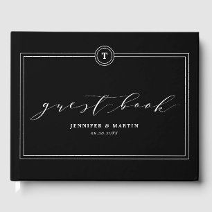 Elegant Black Monogram Calligraphy Wedding Guest Book