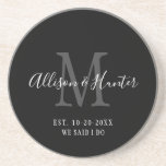 Elegant Black Monogram Established Newlyweds   Coaster<br><div class="desc">Give a perfect gift to the bride and groom with these Elegant Black Monogram Established Newlyweds coasters. This is a modern customizable design in black, white and grey. Bride and groom's first names are on the centre in modern white handwriting script lettering and initial of new last name is in...</div>