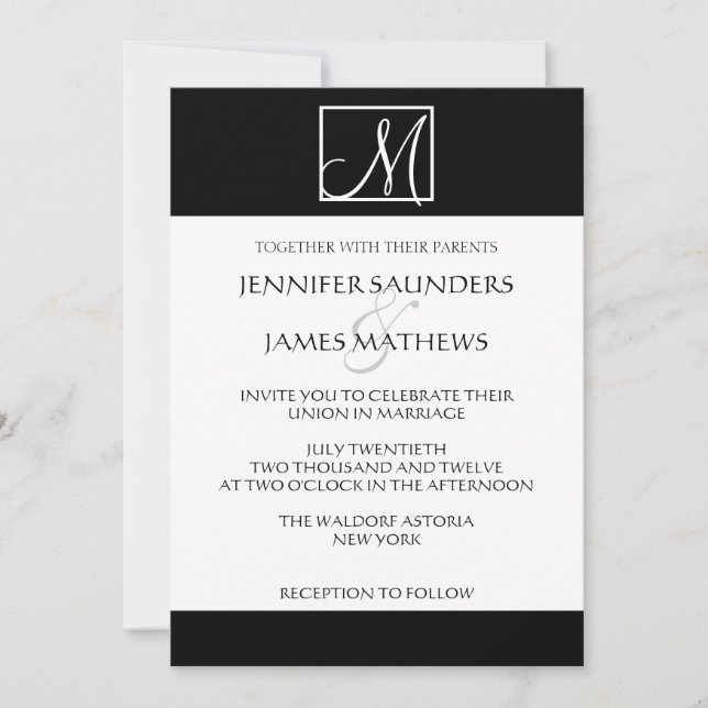 Elegant Black Monogram Initial Wedding Invitation (Front)