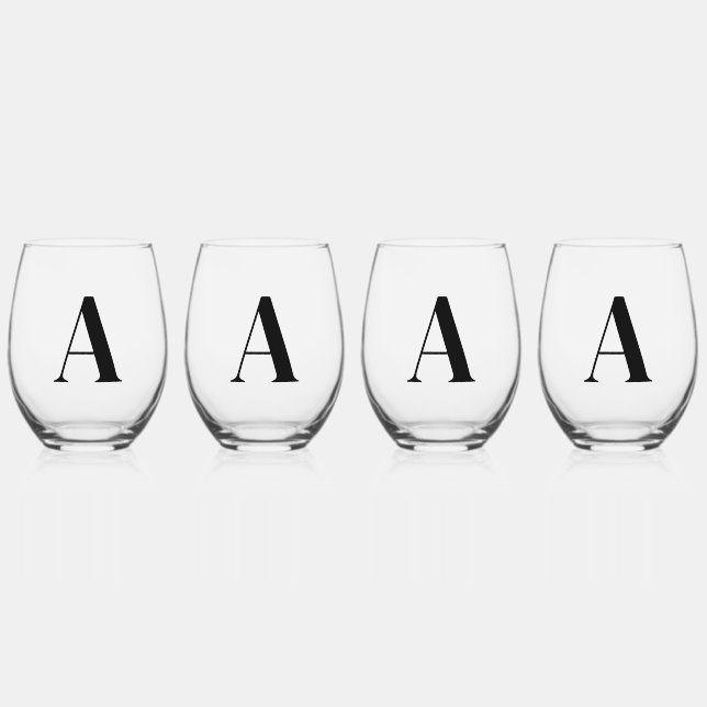 Elegant Black Monogram Initial Wine Glass Set (Front)