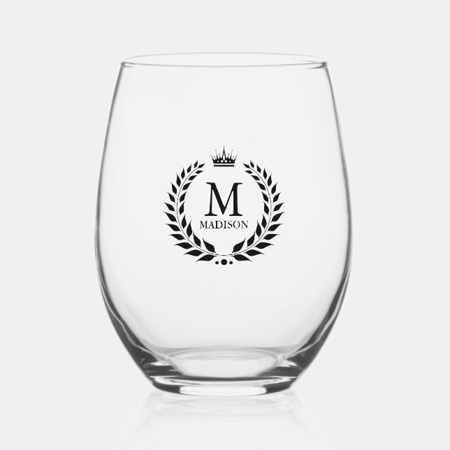 Elegant Black Monogram Laurel Wreath Crown Stemless Wine Glass (Front)