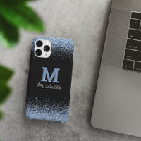 Elegant Black Monogram Light Blue Glitter