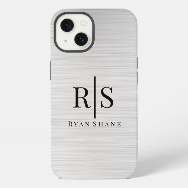 Elegant Black Monogram & Name, Brushed Silver iPhone Case (Back)
