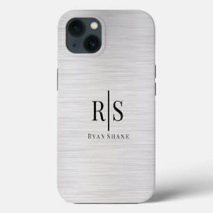 Elegant Black Monogram & Name, Brushed Silver iPhone 13 Case