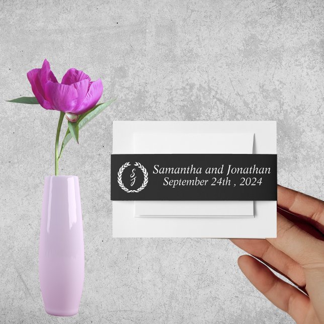 Elegant Black Monogram Wreath Invitation  Invitation Belly Band (Creator Uploaded)