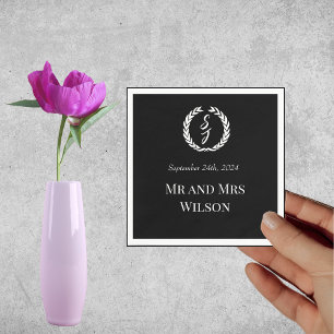 Elegant Black Monogram Wreath Wedding Dinner Napkin