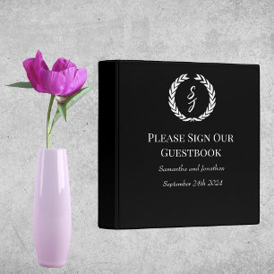 Elegant Black Monogram Wreath Wedding Guest Book Binder