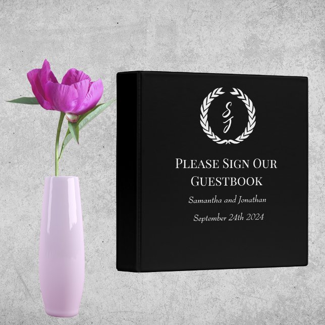 Elegant Black Monogram Wreath Wedding Guest Book Binder (Creator Uploaded)